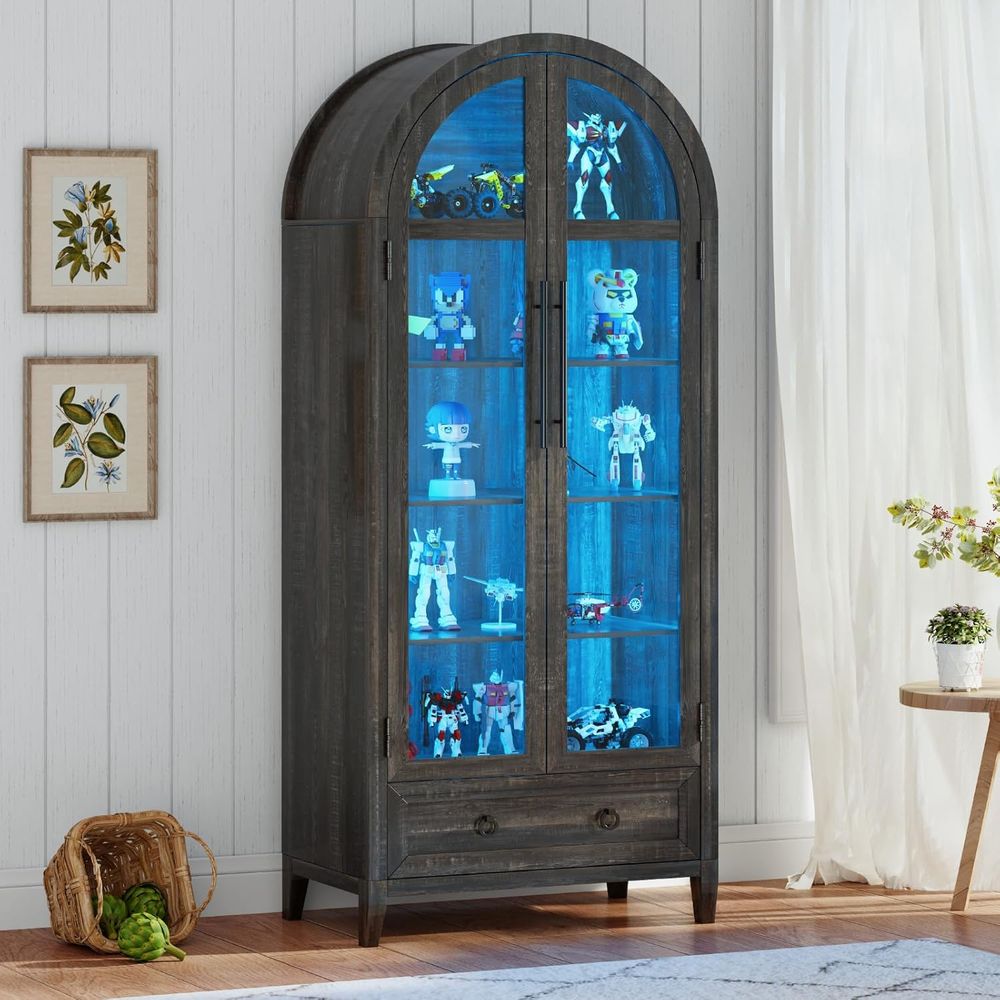 Glass Cabinet Display - 73アーチ型ガラスディスプレイキャビネット、4段、人体センサー、コレクション用LEDライト、調節可能な棚、ブラウン