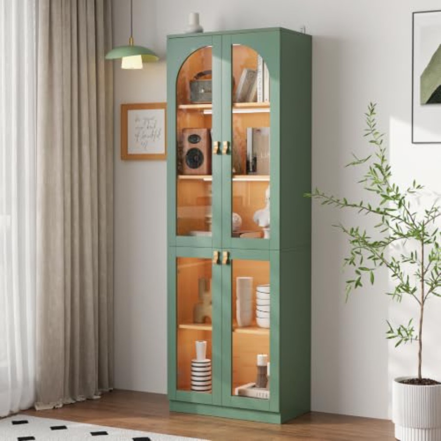Glass Cabinet Display - リビングルーム用オフィスキュリオキャビネット、強化ガラス扉付き、高さ71インチの黒いディスプレイキャビネット、5段のパントリー収納本棚
