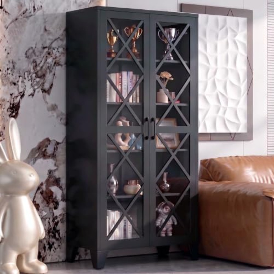Glass Cabinet Display - 71 H ガラスディスプレイキャビネット、ファームハウス用、金属製、黒色仕上げ、調節可能な棚とヴィンテージスタイルの金具付き