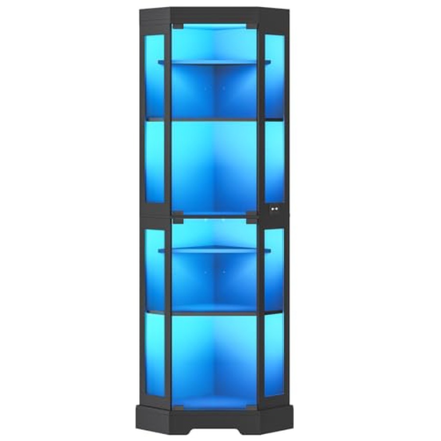 Glass Cabinet Display - コーナーディスプレイキャビネット、強化ガラス扉、ブラック仕上げ、LED照明付き、6段モダンなコレクション用キュリオキャビネット