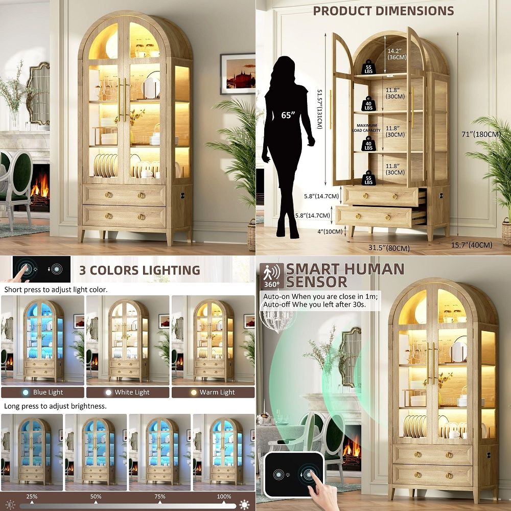 Glass Cabinet Display - 71アーチ型ガラス扉付きキュリオキャビネット、4段棚ディスプレイキャビネットと2つの引き出し、3色のライト付きディスプレイケース、背の高いブックキャビネット