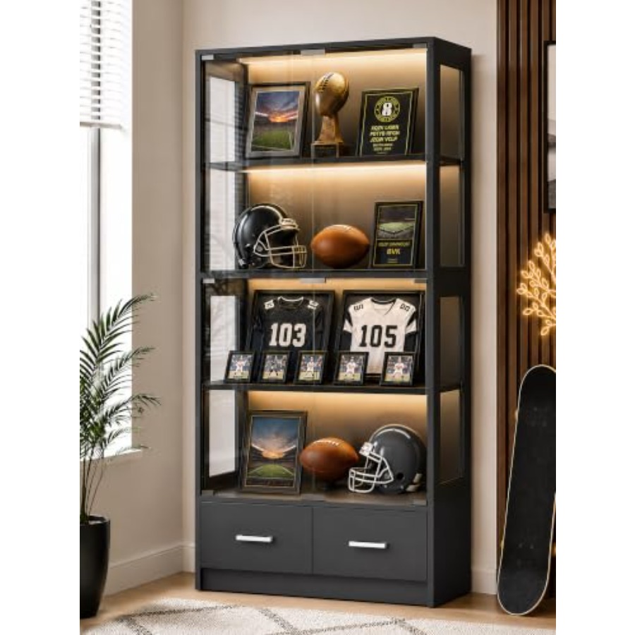 Glass Cabinet Display - 67インチのスポーツ記念品用ガラスディスプレイキャビネット、黒色強化ガラス、洗練された黒色フレーム、反射防止ディスプレイ、安全なロック付き