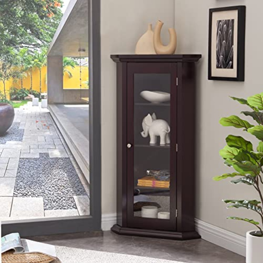 Glass Cabinet Display - リビングルーム用コーナーカリオディスプレイキャビネット、木製、ウォールナット仕上げ、調整可能なガラス棚と強化ガラス扉付き