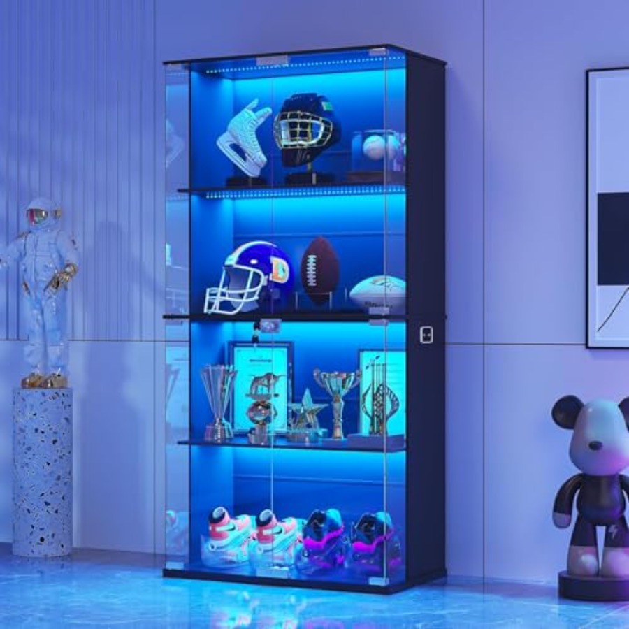 Glass Cabinet Display - ガラス扉付きブラックディスプレイキャビネット、リビングルーム用ロック可能な4段キュリオキャビネット、MDF材、ブラック、ソフトクローズヒンジ調整可能
