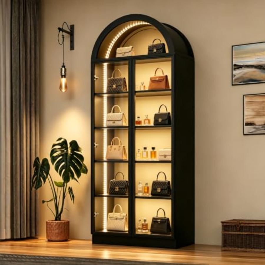 Glass Cabinet Display - リビングルームやオフィス用のアーチ型ディスプレイキャビネット、アクリルガラス扉、ホワイト、高さ77インチ、LEDライト付き、6段の収納棚付き。
