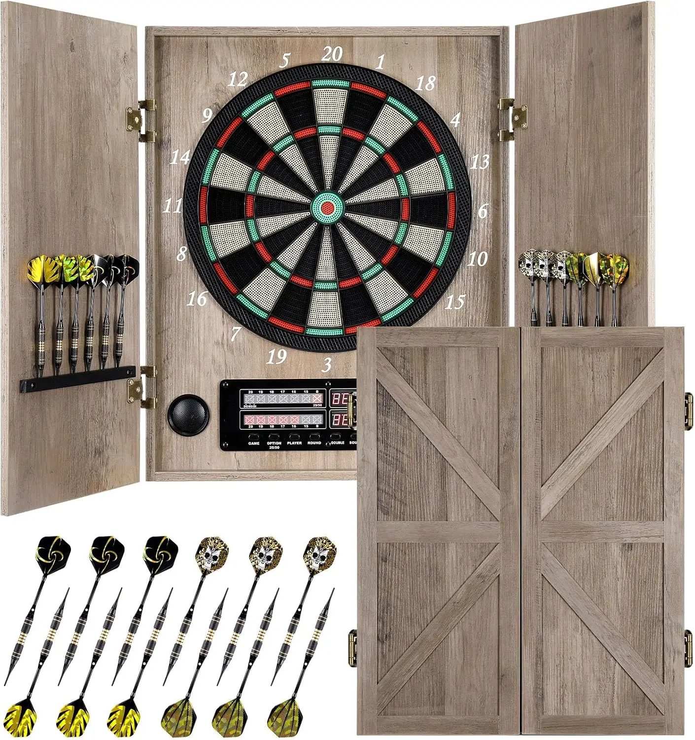 Electronic Dartboard Cabinet - 電子ダーツボード、大人向け装飾ダーツボードキャビネット | [12本*ブロンズソフトチップダーツ] [クリケットゲームモード]- 木製