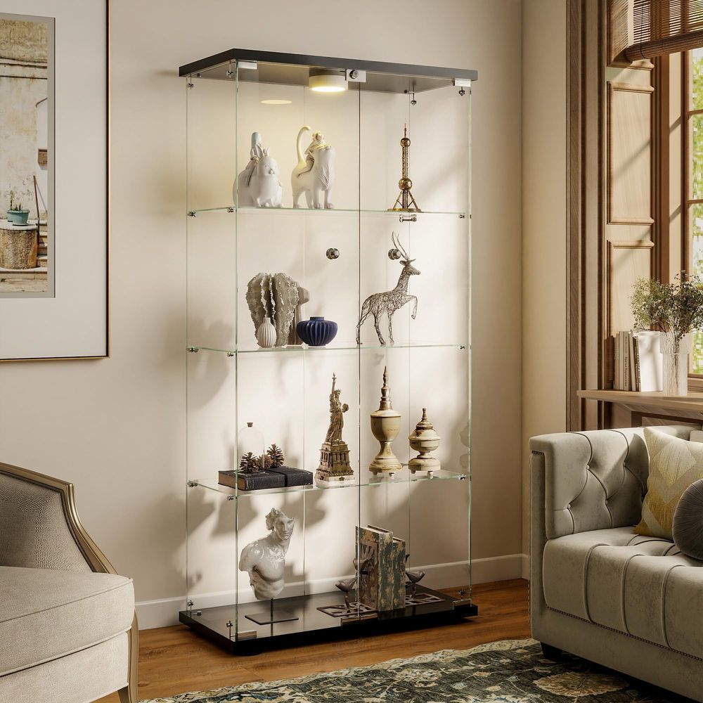 LEDライトとロック付きディスプレイキャビネット、4段強化ガ - Glass Cabinet Display のレビューと価格