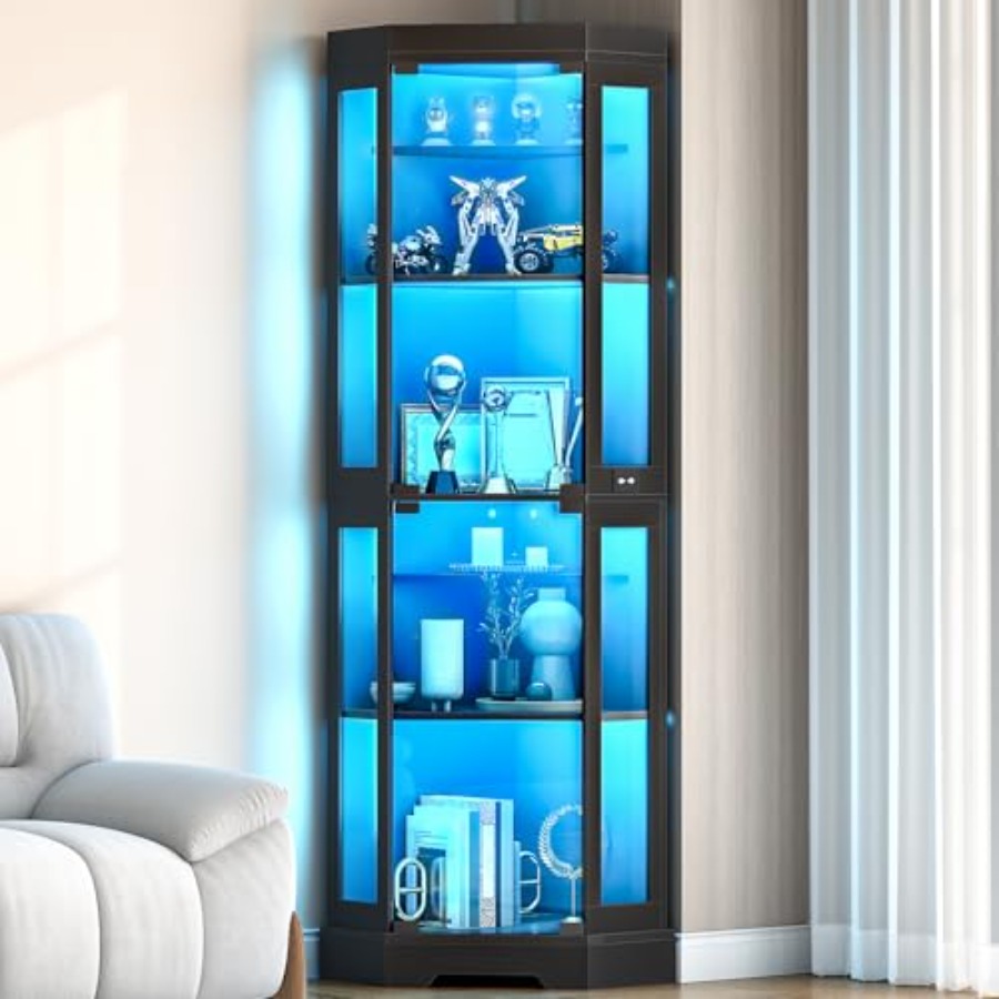 コーナーディスプレイキャビネット、強化ガラス扉、ブラック仕上 - Glass Cabinet Display のレビューと価格