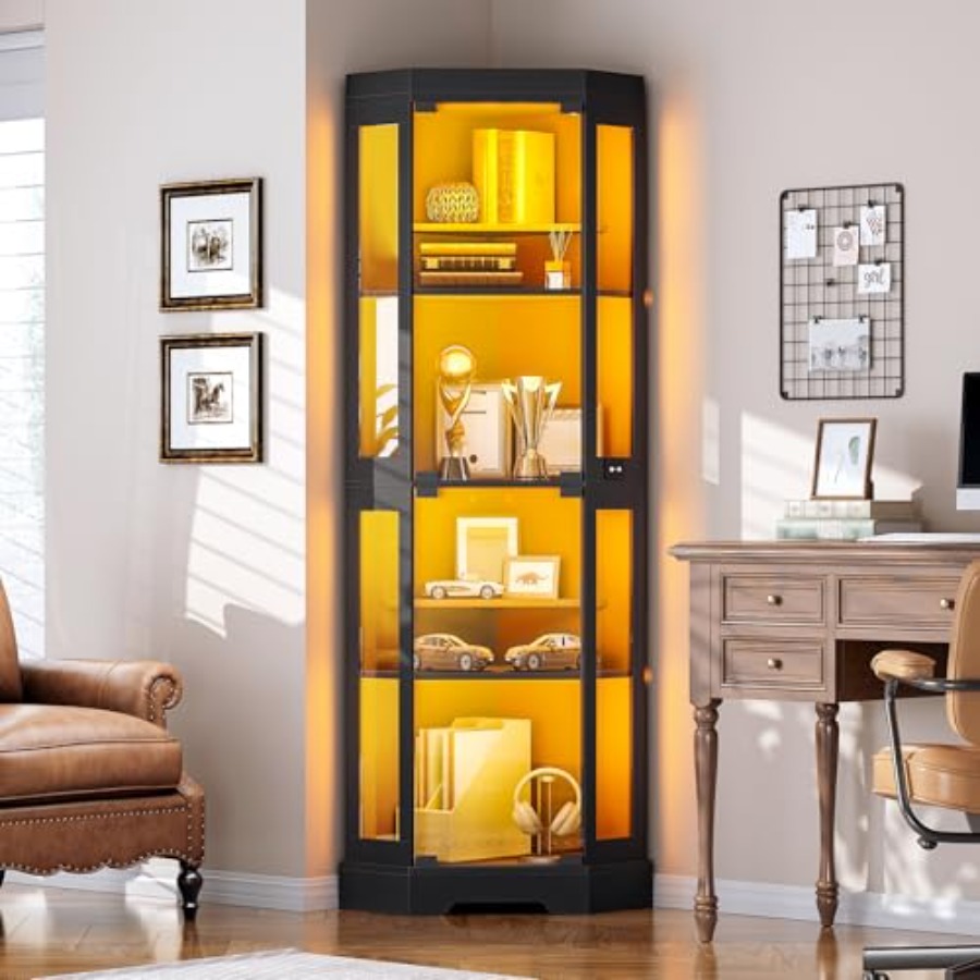 コーナーディスプレイキャビネット、強化ガラス扉、ブラック仕上 - Glass Cabinet Display のレビューと価格