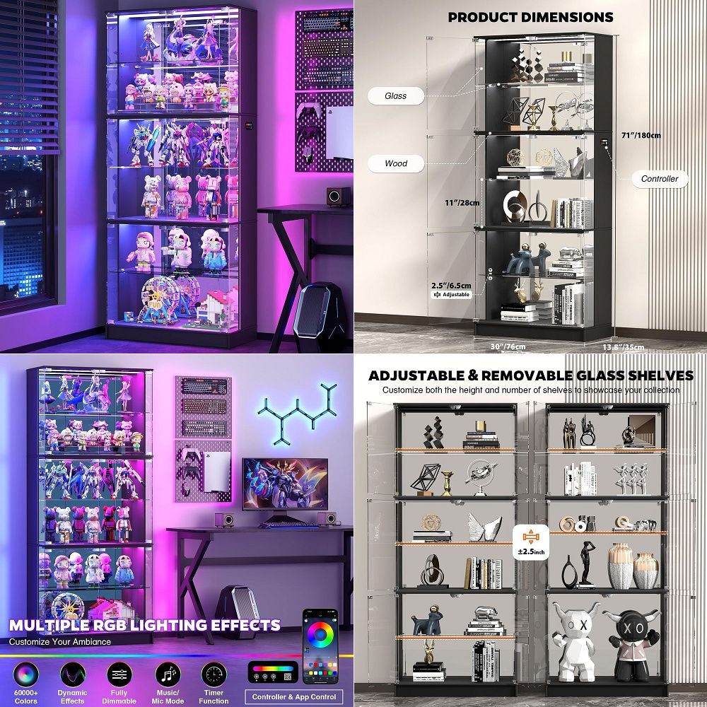 ガラス扉付きディスプレイキャビネット、6段71インチ高さのコ - Glass Cabinet Display のレビューと価格