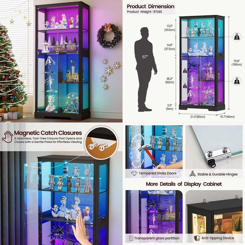 照明付きコーナーディスプレイキュリオキャビネット、木製曲線棚 - Glass Cabinet Display のレビューと価格
