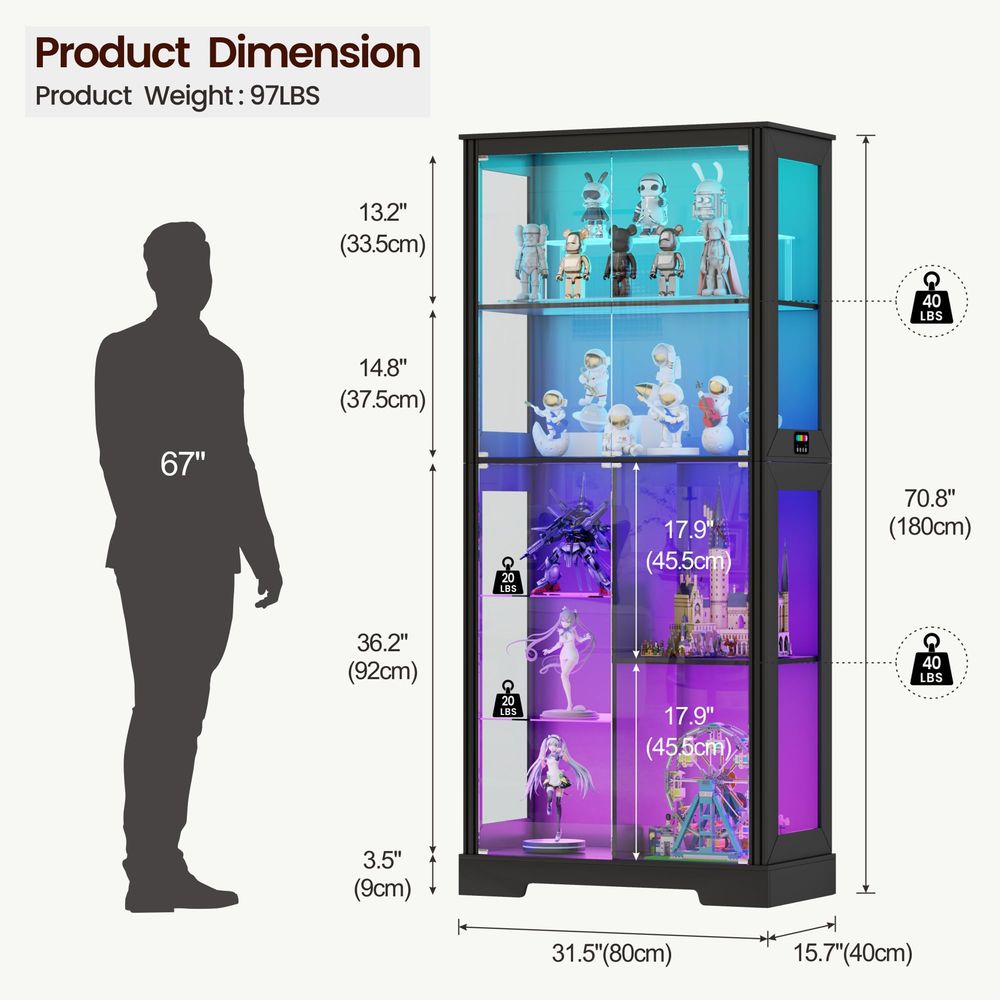 照明付きコーナーディスプレイキュリオキャビネット、木製曲線棚 - Glass Cabinet Display のレビューと価格