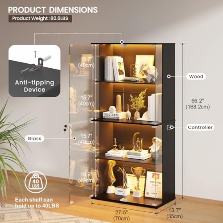 ガラス扉付きブラックディスプレイキャビネット、リビングルーム - Glass Cabinet Display のレビューと価格