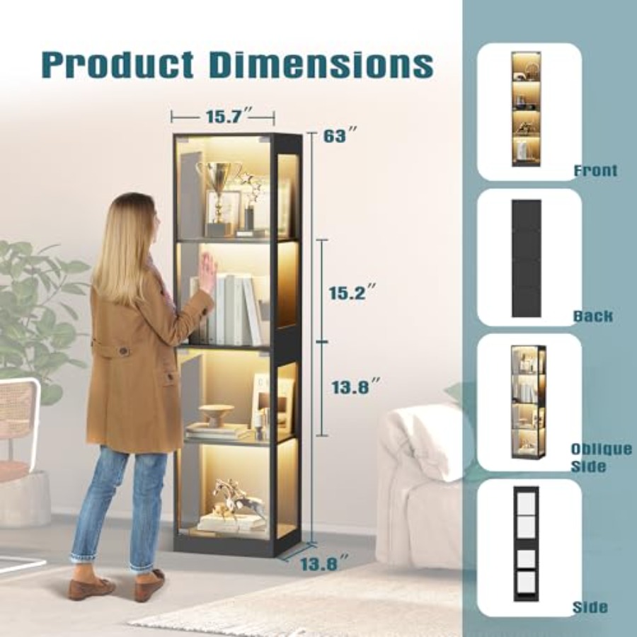 リビングルームやプレイルーム用のRGBライト付きガラスディス - Glass Cabinet Display のレビューと価格