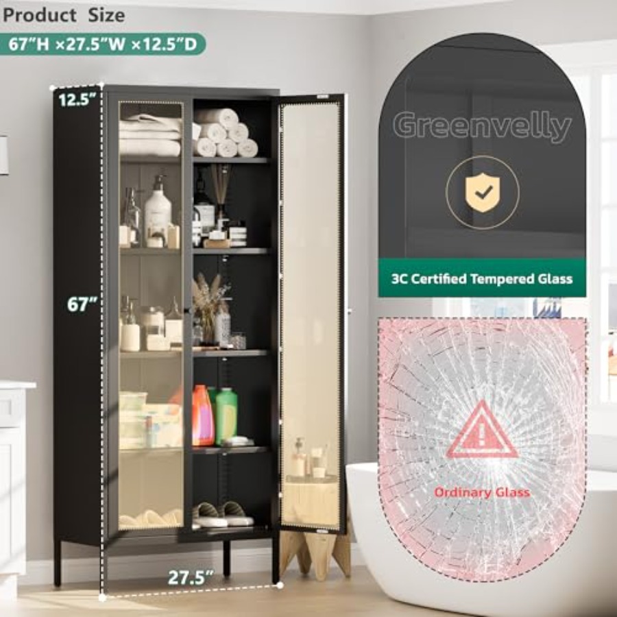 67インチの金属製ディスプレイキャビネット、ガラス扉と4つの - Glass Cabinet Display のレビューと価格